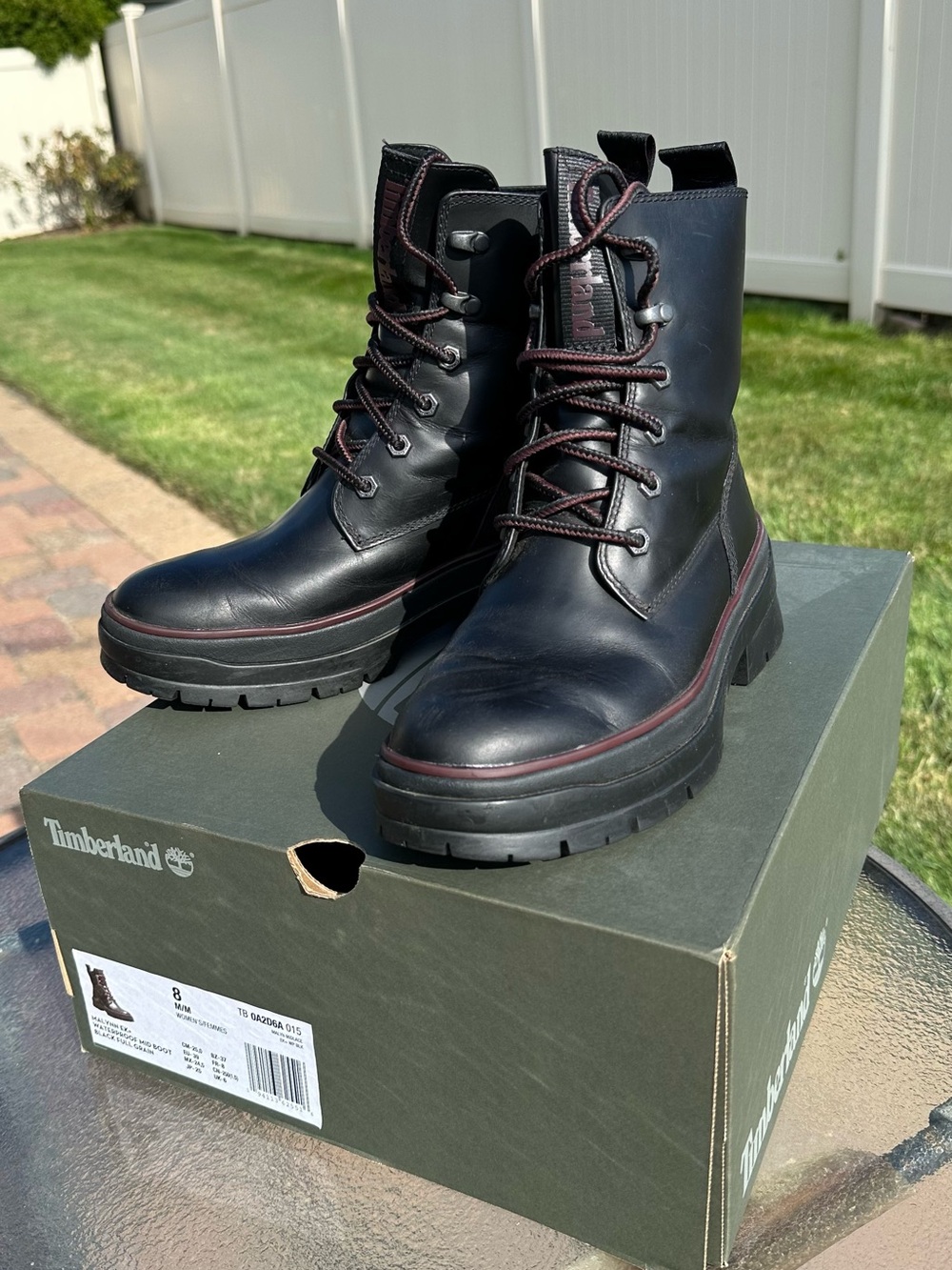 Timberland Black Leather Combat Boots with Red Trim